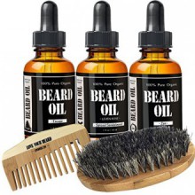 Starter Kit Barbe par Leven Rose - Trois huiles parfumées Beard, Boar Bristle Beard Brush, Spiced Sandalwood Beard huile, Évasio