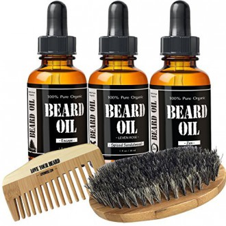Starter kit Barba por Leven Rose - Tres aceites perfumados de la barba, la barba de cerdas de jabalí Brush, Spiced sándalo Barba